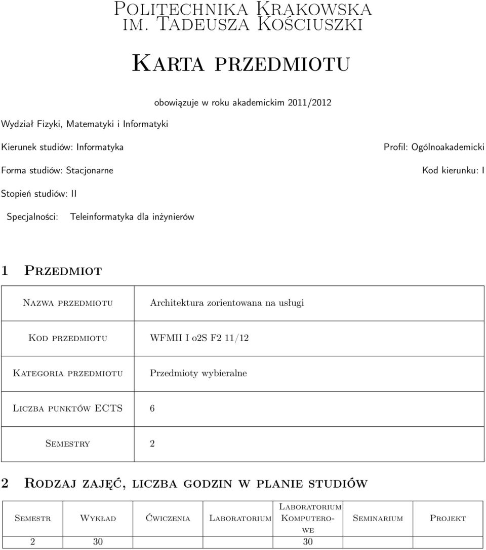 studiów: Stacjonarne Profil: Ogólnoakademicki Kod kierunku: I Stopień studiów: II Specjalności: Teleinformatyka dla inżynierów 1 Przedmiot Nazwa przedmiotu