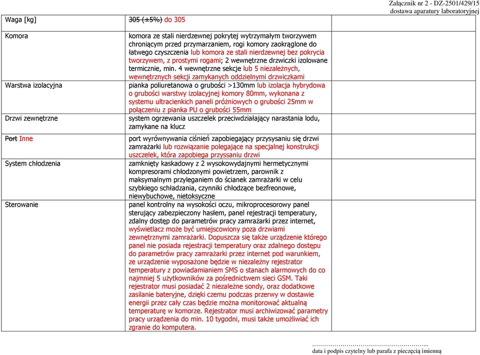 min. 4 wewnętrzne sekcje lub 5 niezależnych, wewnętrznych sekcji zamykanych oddzielnymi drzwiczkami pianka poliuretanowa o grubości >130mm lub izolacja hybrydowa o grubości warstwy izolacyjnej komory