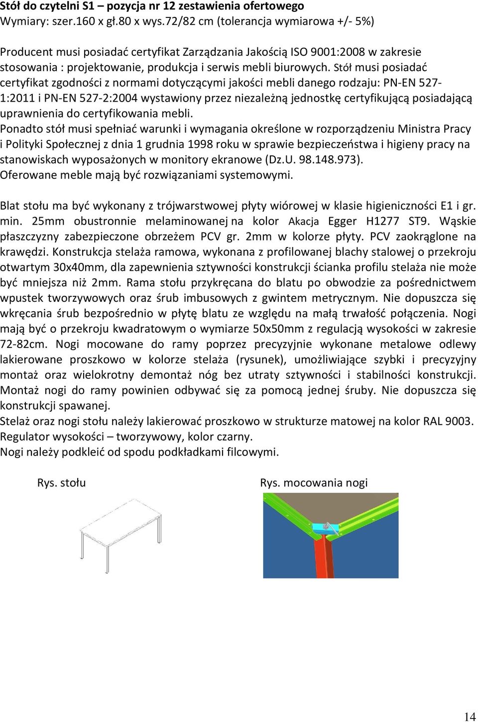 Stół musi posiadać certyfikat zgodności z normami dotyczącymi jakości mebli danego rodzaju: PN-EN 527-1:2011 i PN-EN 527-2:2004 wystawiony przez niezależną jednostkę certyfikującą posiadającą