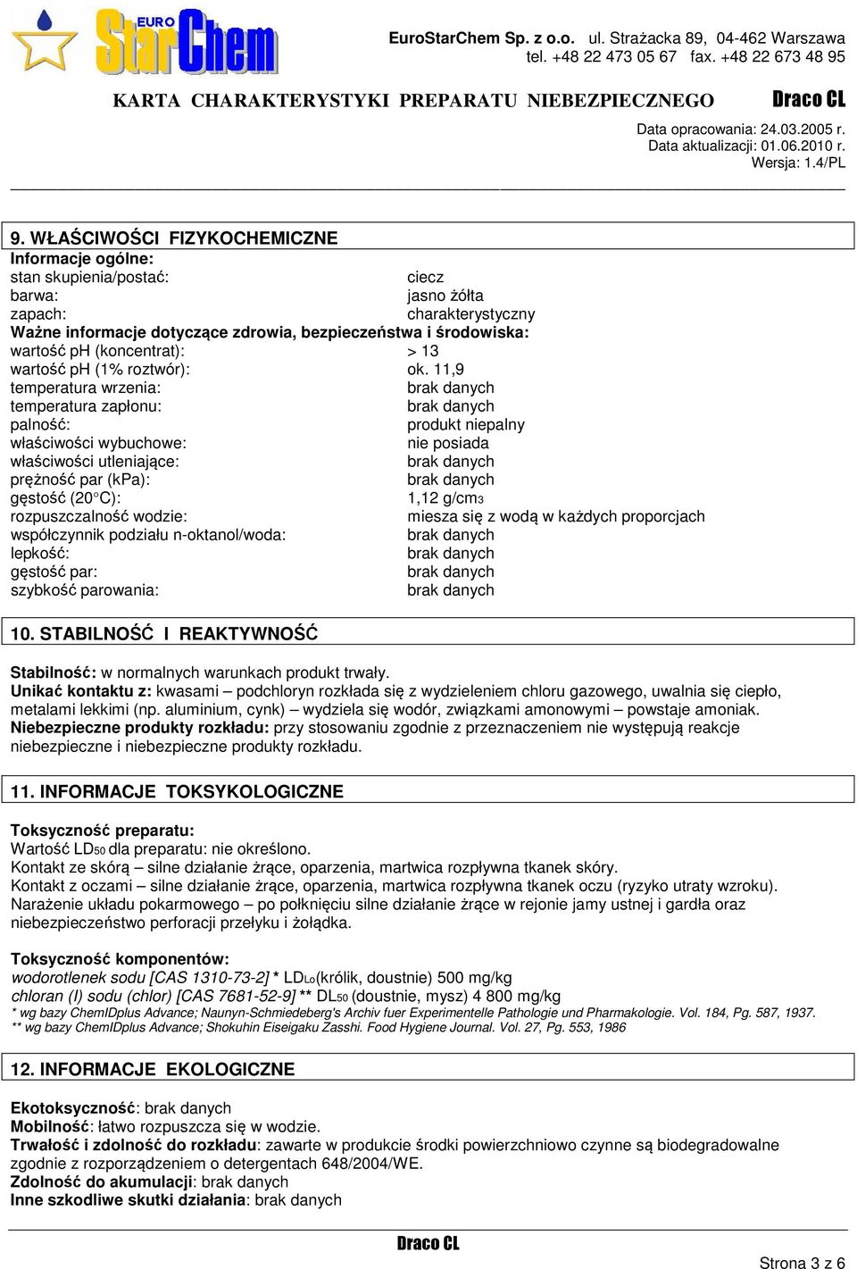 11,9 temperatura wrzenia: temperatura zapłonu: palność: produkt niepalny właściwości wybuchowe: nie posiada właściwości utleniające: prężność par (kpa): gęstość (20 C): 1,12 g/cm3 rozpuszczalność