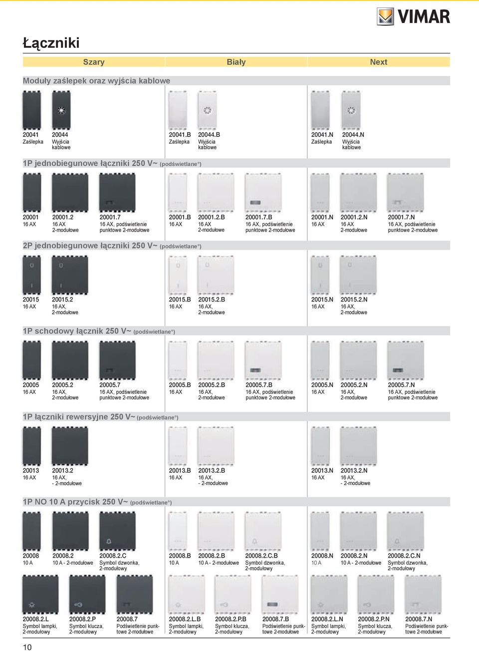 7.B 16 AX, podświetlenie punktowe 2-modułowe 20001.N 16 AX 20001.2.N 16 AX 2-modułowe 20001.7.N 16 AX, podświetlenie punktowe 2-modułowe 2P jednobiegunowe łączniki 250 V~ (podświetlane ) 20015 16 AX 20015.