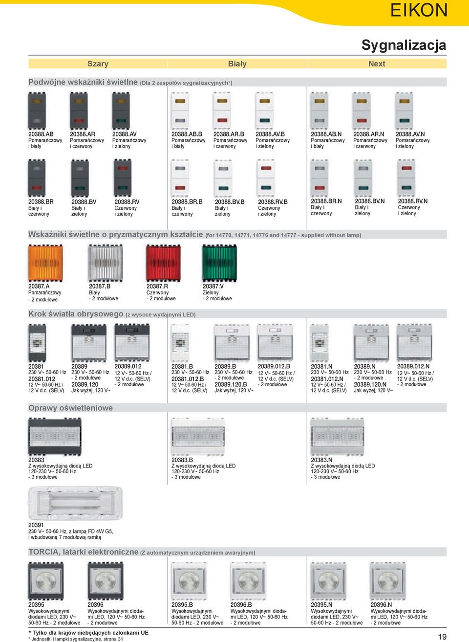 RV Czerwony i zielony 20388.BR.B Biały i czerwony 20388.BV.B Biały i zielony 20388.RV.B Czerwony i zielony 20388.BR.N Biały i czerwony 20388.BV.N Biały i zielony 20388.RV.N Czerwony i zielony Wskaźniki świetlne o pryzmatycznym kształcie (for 14770, 14771, 14776 and 14777 - supplied without lamp) 20387.