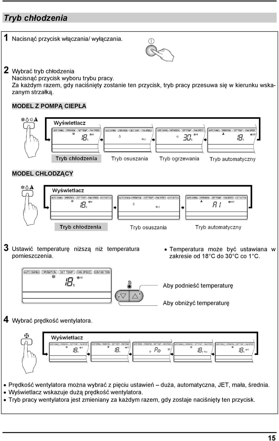 MODEL Z POMPĄ CIEPŁA MODEL CHŁODZĄCY 3 Ustawić temperaturę niższą niż temperatura pomieszczenia. Temperatura może być ustawiana w zakresie od 18 C do 30 C co 1 C.