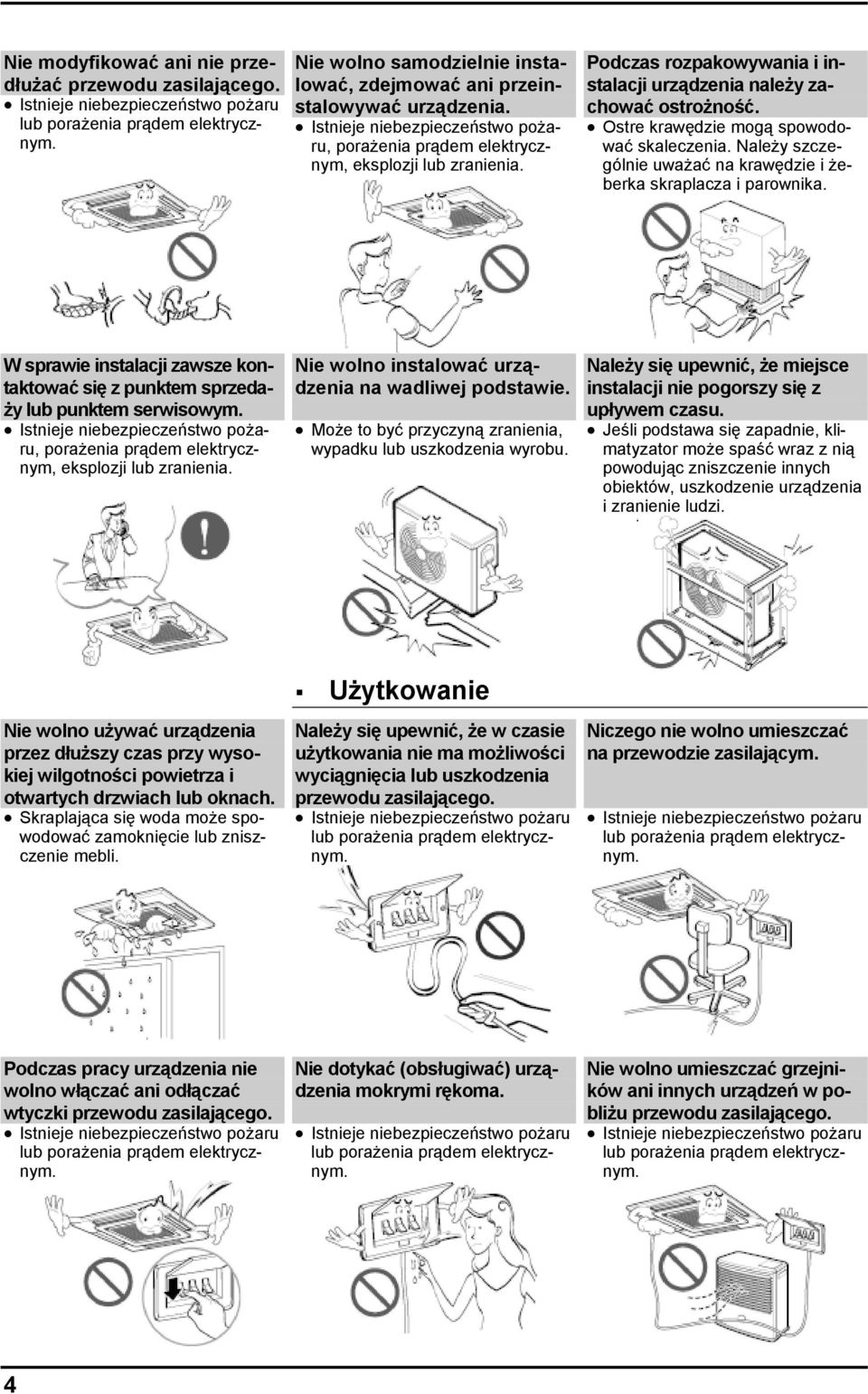 Podczas rozpakowywania i instalacji urządzenia należy zachować ostrożność. Ostre krawędzie mogą spowodować skaleczenia. Należy szczególnie uważać na krawędzie i żeberka skraplacza i parownika.