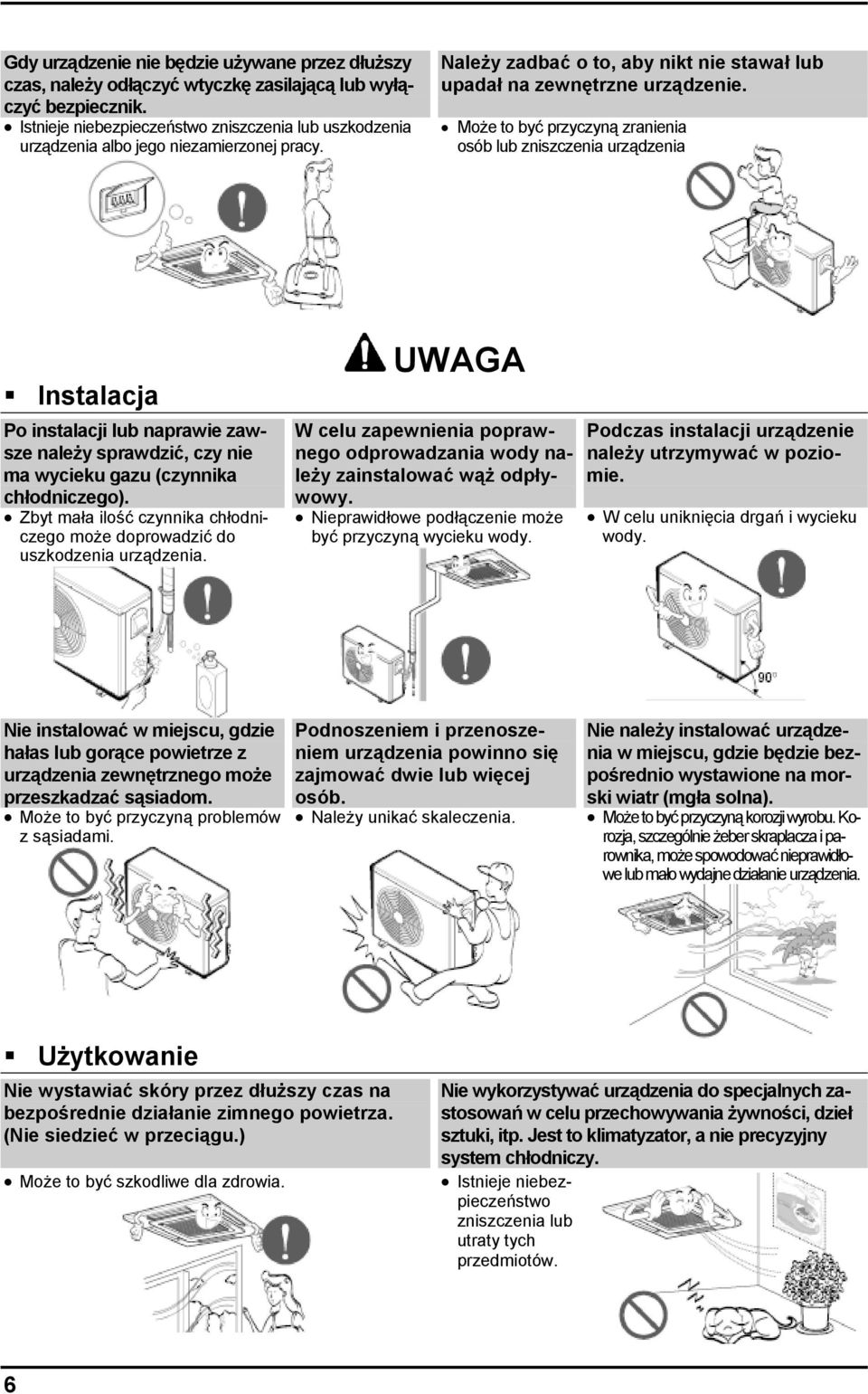 Może to być przyczyną zranienia osób lub zniszczenia urządzenia. Instalacja Po instalacji lub naprawie zawsze należy sprawdzić, czy nie ma wycieku gazu (czynnika chłodniczego).