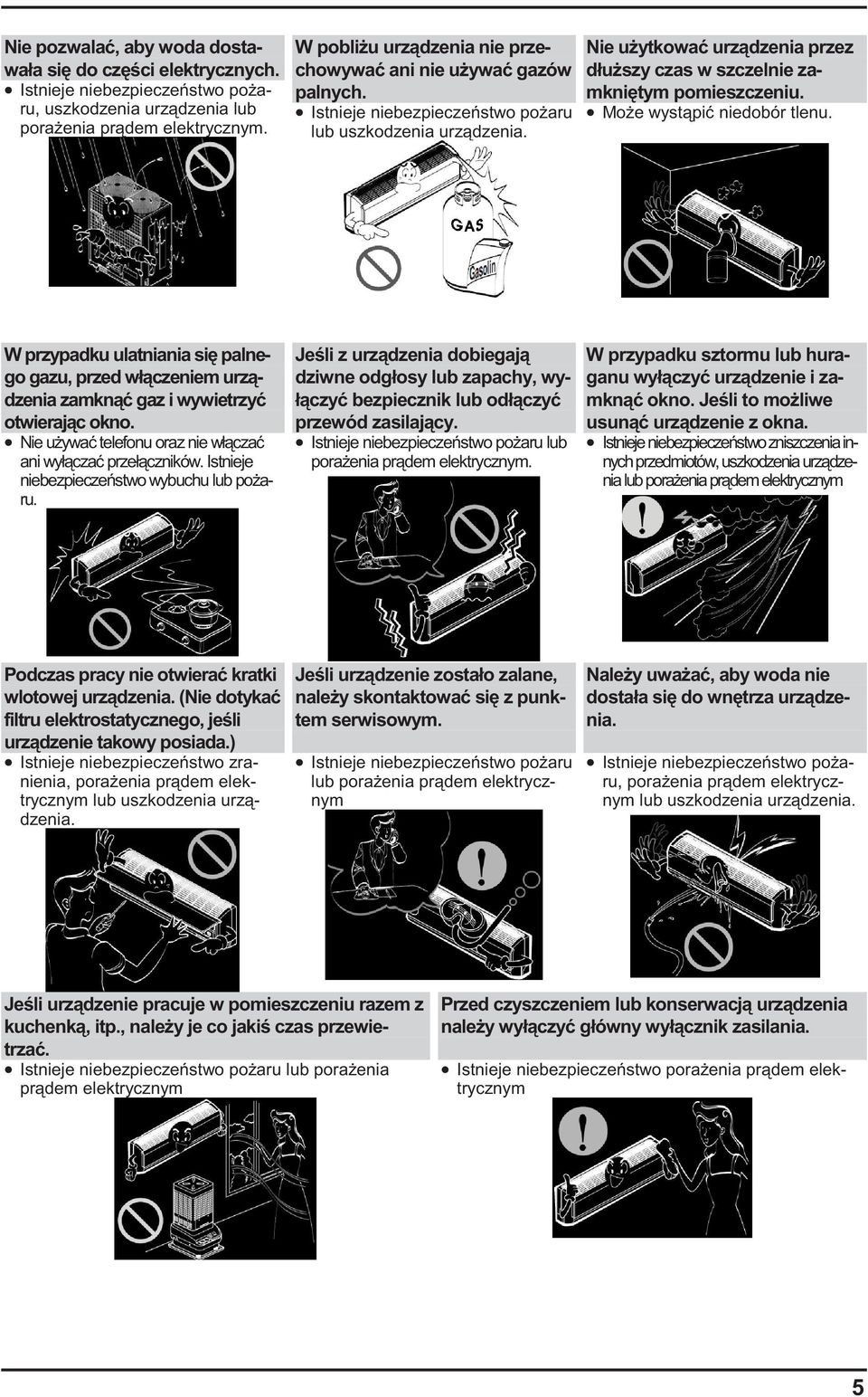 W przypadku ulatniania si palnego gazu, przed wł czeniem urz dzenia zamkn gaz i wywietrzy otwieraj c okno. Nie u ywa telefonu oraz nie wł cza ani wył cza przeł czników.