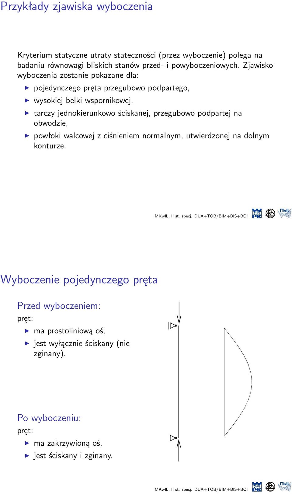 Zjawisko wyboczenia zostanie pokazane dla: pojedynczego pręta przegubowo podpartego, wysokiej belki wspornikowej, tarczy jednokierunkowo ściskanej,