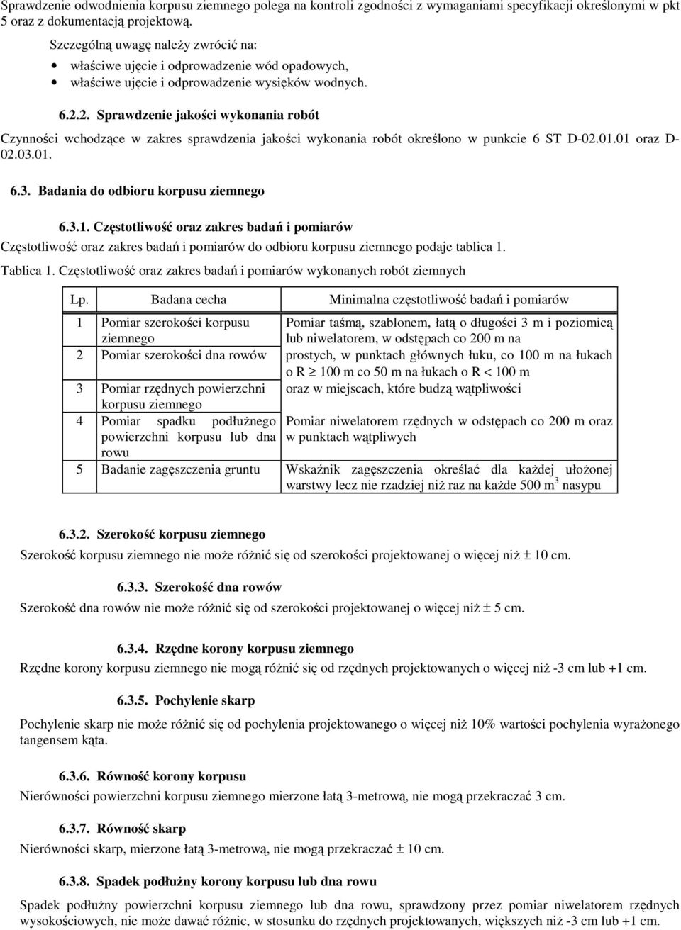 2. Sprawdzenie jakości wykonania robót Czynności wchodzące w zakres sprawdzenia jakości wykonania robót określono w punkcie 6 ST D-02.01.01 oraz D- 02.03.01. 6.3. Badania do odbioru korpusu ziemnego 6.