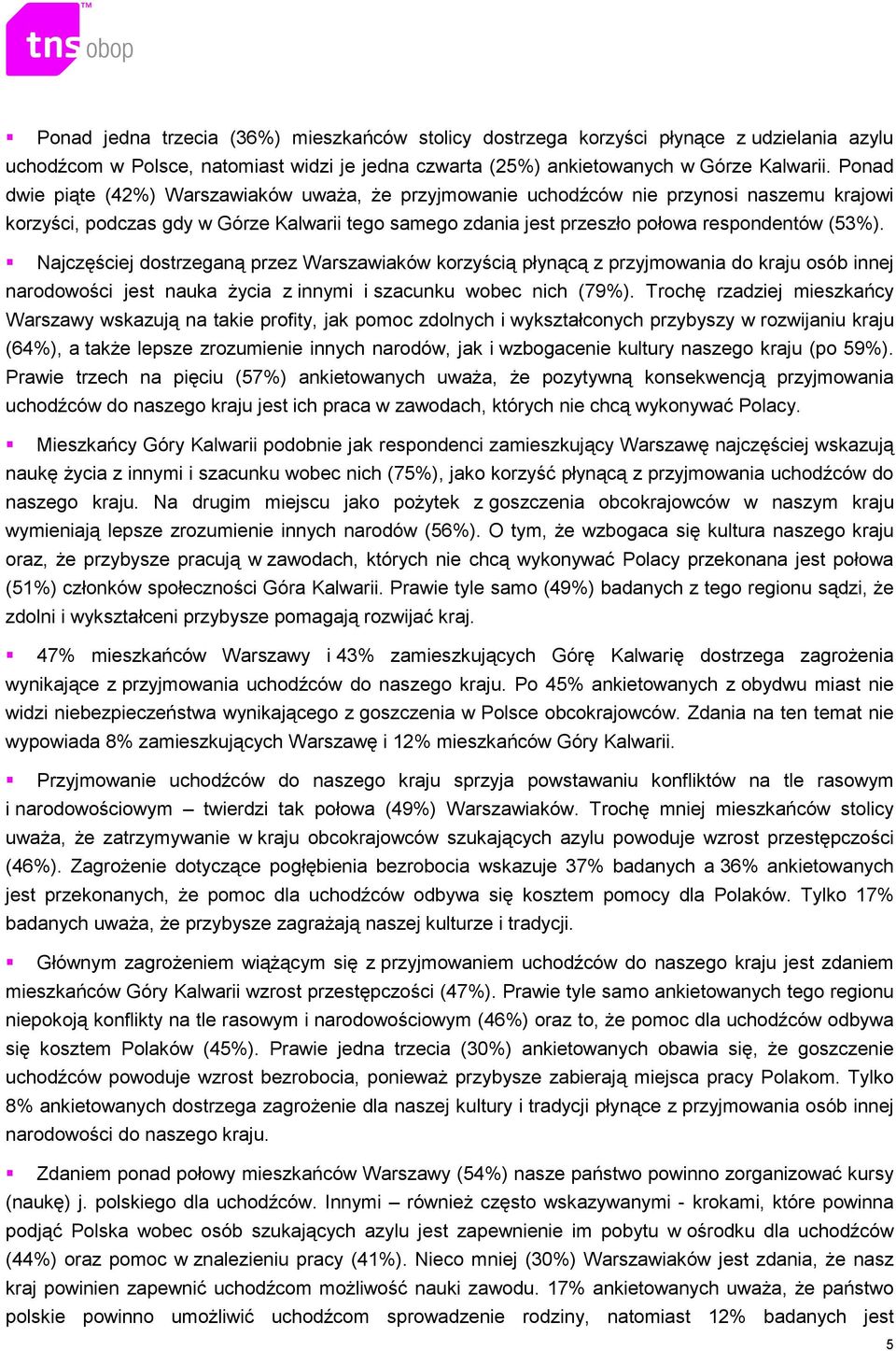 Najczęściej dostrzeganą przez Warszawiaków korzyścią płynącą z przyjmowania do kraju osób innej narodowości jest nauka Ŝycia z innymi i szacunku wobec nich (79%).