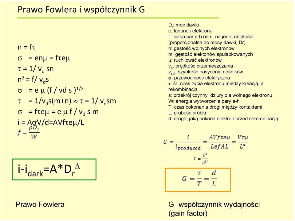 objętości (proporcjonalna do mocy dawki, Dr) n: gęstość wolnych elektronów m: gęstość elektonów spułapkowanych µ: ruchliowść elektronów v d : prędkośc przemieszczania v sat : szybkość nasycenia