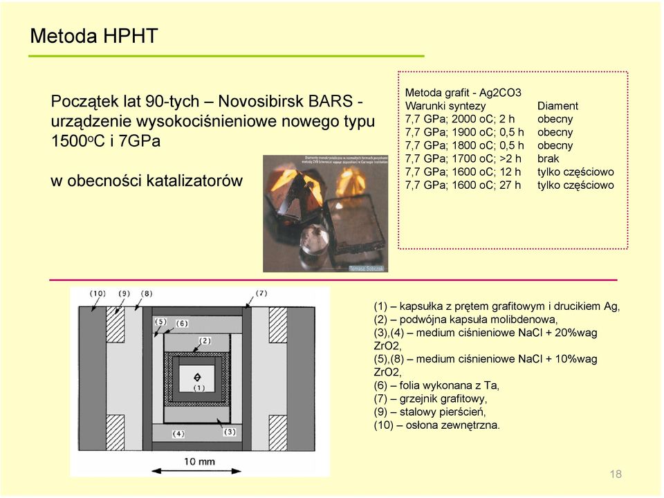 h tylko częściowo 7,7 GPa; 1600 oc; 27 h tylko częściowo (1) kapsułka z prętem grafitowym i drucikiem Ag, (2) podwójna kapsuła molibdenowa, (3),(4) medium