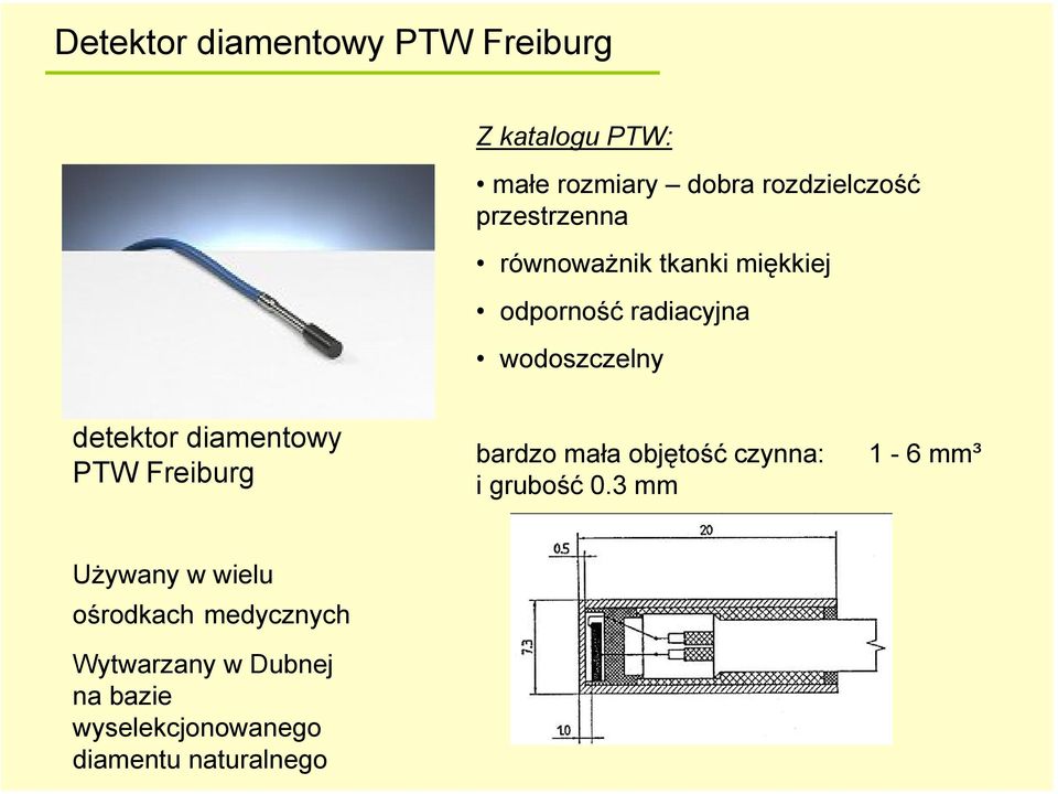 diamentowy PTW Freiburg bardzo mała objętość czynna: 1-6 mm³ i grubość 0.