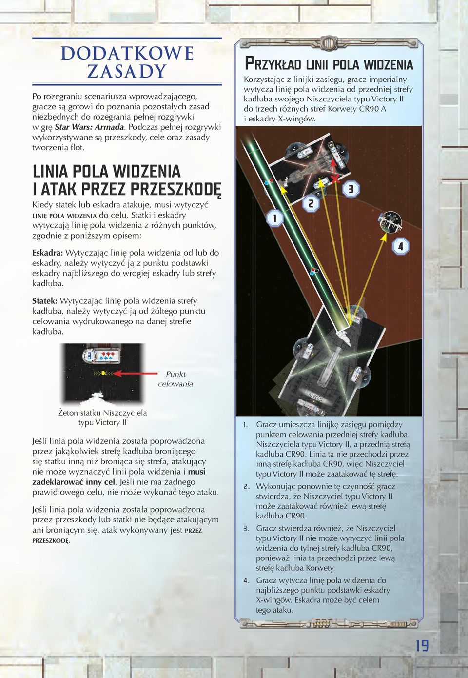 Przykład linii pola widzenia Korzystając z linijki zasięgu, gracz imperialny wytycza linię pola widzenia od przedniej strefy kadłuba swojego Niszczyciela typu Victory II do trzech różnych stref