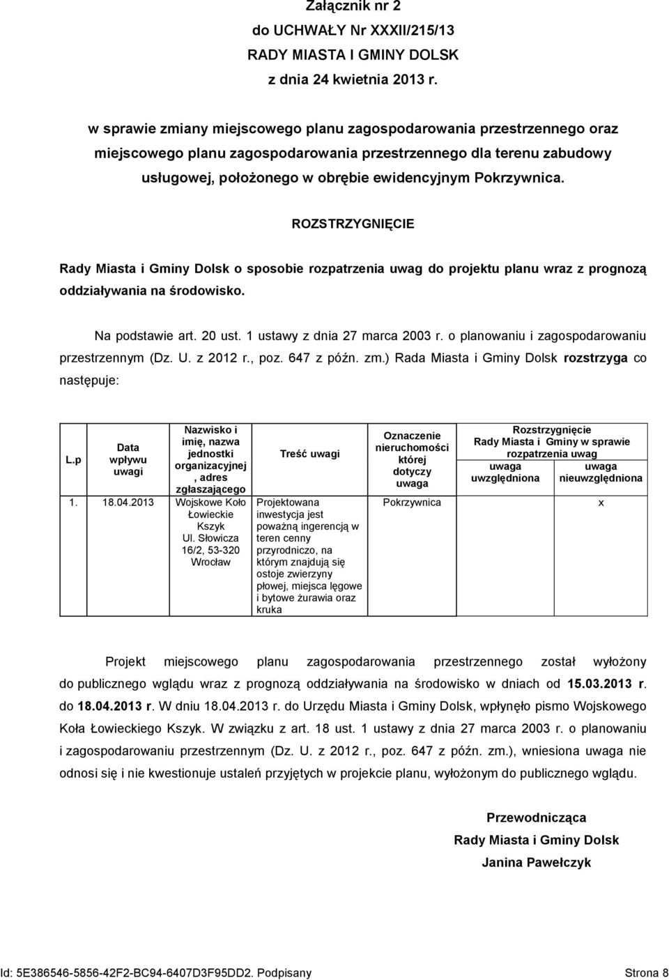 ROZSTRZYGNIĘCIE Rady Miasta i Gminy Dolsk o sposobie rozpatrzenia uwag do projektu planu wraz z prognozą oddziaływania na środowisko. Na podstawie art. 20 ust. 1 ustawy z dnia 27 marca 2003 r.