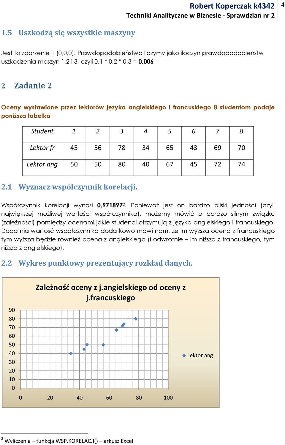 studentom podaje poniŝsza tabelka Student 1 2 3 4 5 6 7 8 Lektor fr 45 56 78 34 65 43 69 70 Lektor ang 50 50 80 40 67 45 72 74 2.1 Wyznacz współczynnik korelacji.