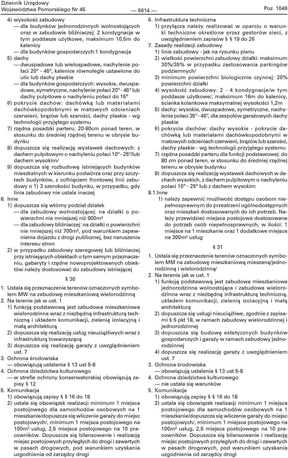 dwuspadowe, symetryczne, nachylenie połaci 20º - 45º lub dachy pulpitowe o nachyleniu połaci do 15 6) pokrycie dachów: dachówką lub materiałami dachówkopodobnymi w matowych odcieniach czerwieni,