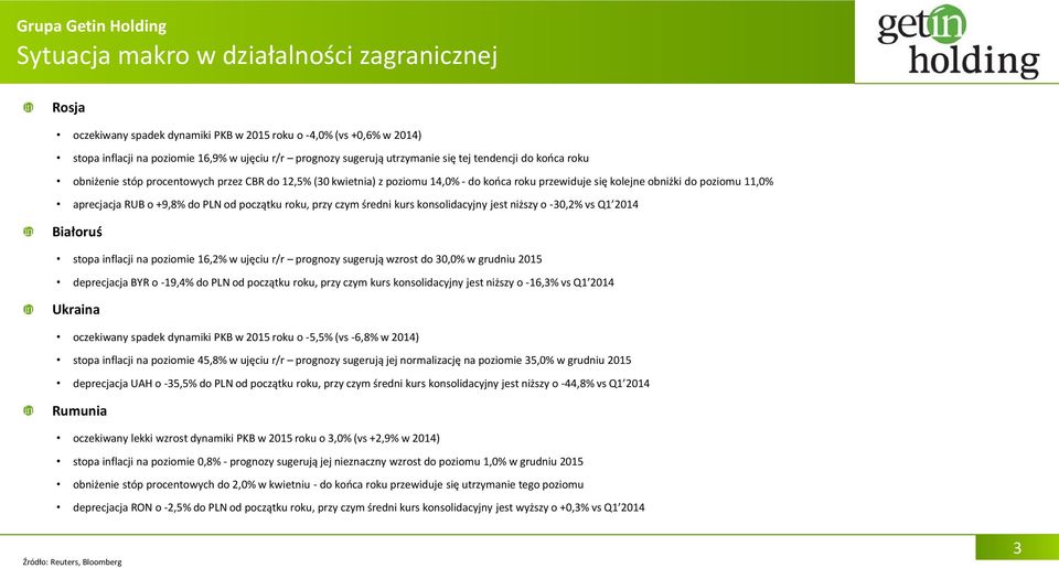 od początku roku, przy czym średni kurs konsolidacyjny jest niższy o -30,2% vs Q1 2014 Białoruś stopa inflacji na poziomie 16,2% w ujęciu r/r prognozy sugerują wzrost do 30,0% w grudniu 2015