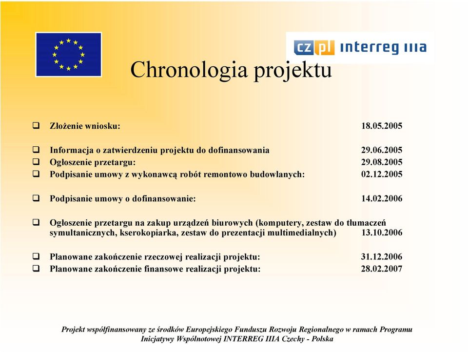 2005 Podpisanie umowy o dofinansowanie: 14.02.