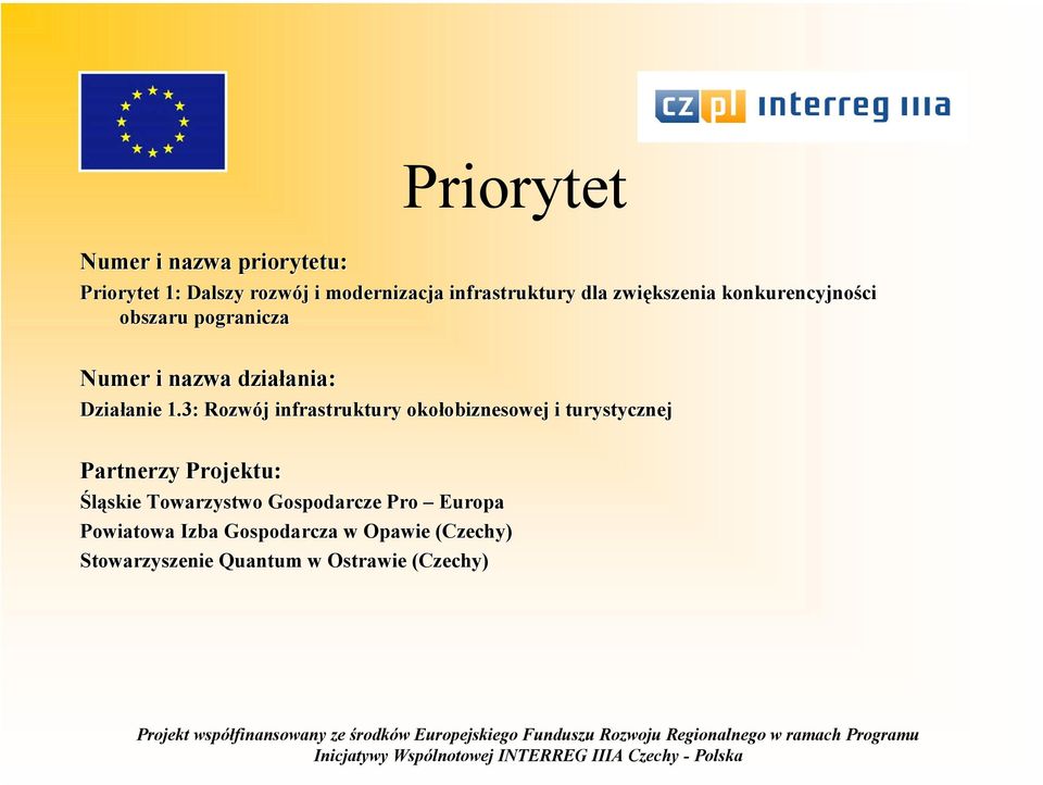 3: Rozwój infrastruktury okołobiznesowej i turystycznej Partnerzy Projektu: Śląskie Towarzystwo