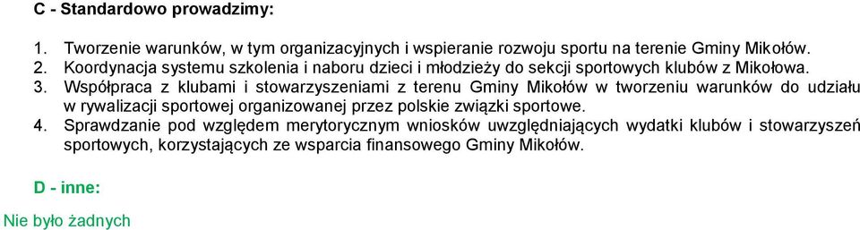 Współpraca z klubami i stowarzyszeniami z terenu Gminy Mikołów w tworzeniu warunków do udziału w rywalizacji sportowej organizowanej