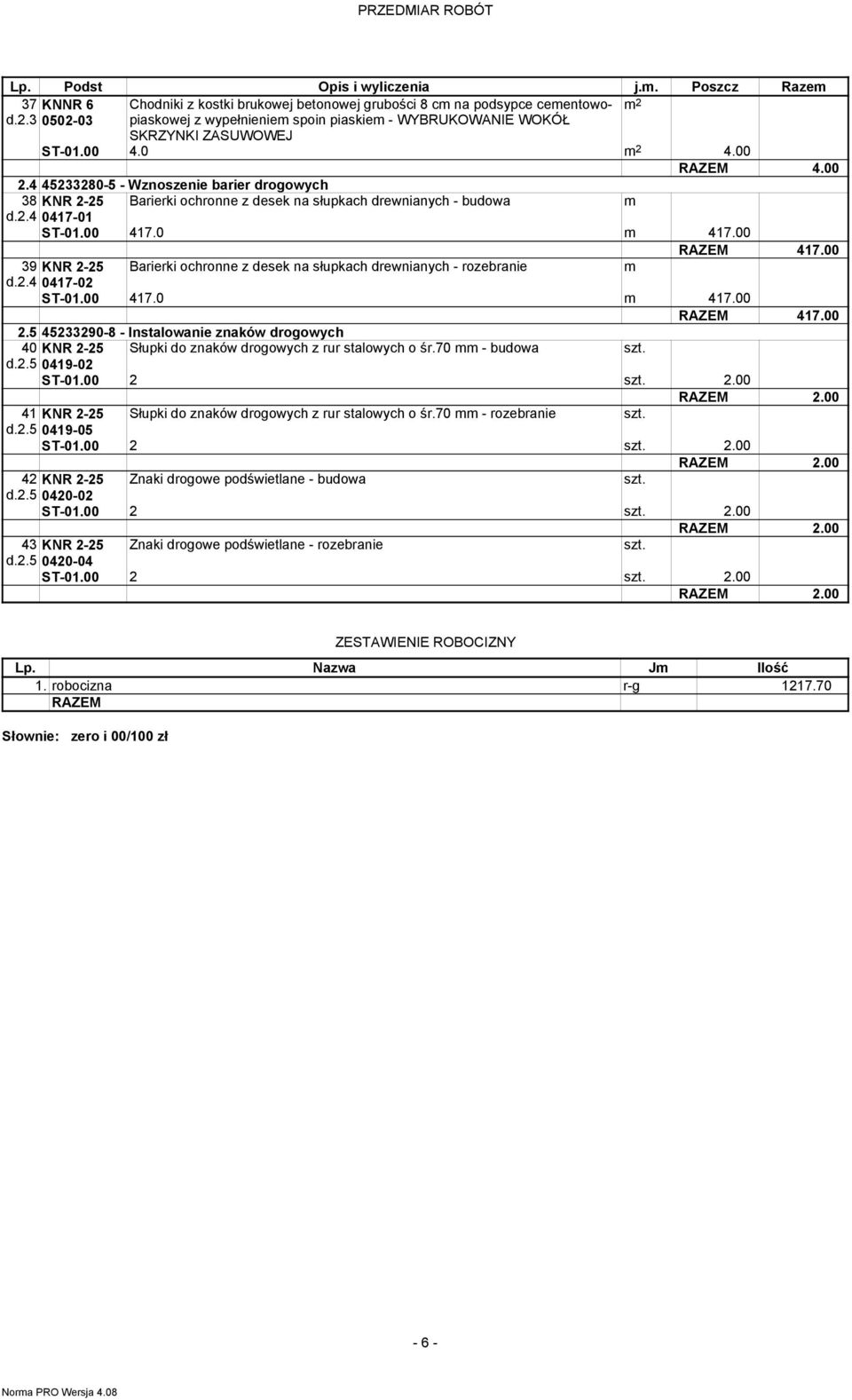 00 2 45233280-5 - Wznoszenie barier drogowych 38 KNR 2-25 Barierki ochronne z desek na słupkach drewnianych - budowa m d.2 0417-01 417.0 m 417.00 RAZEM 417.