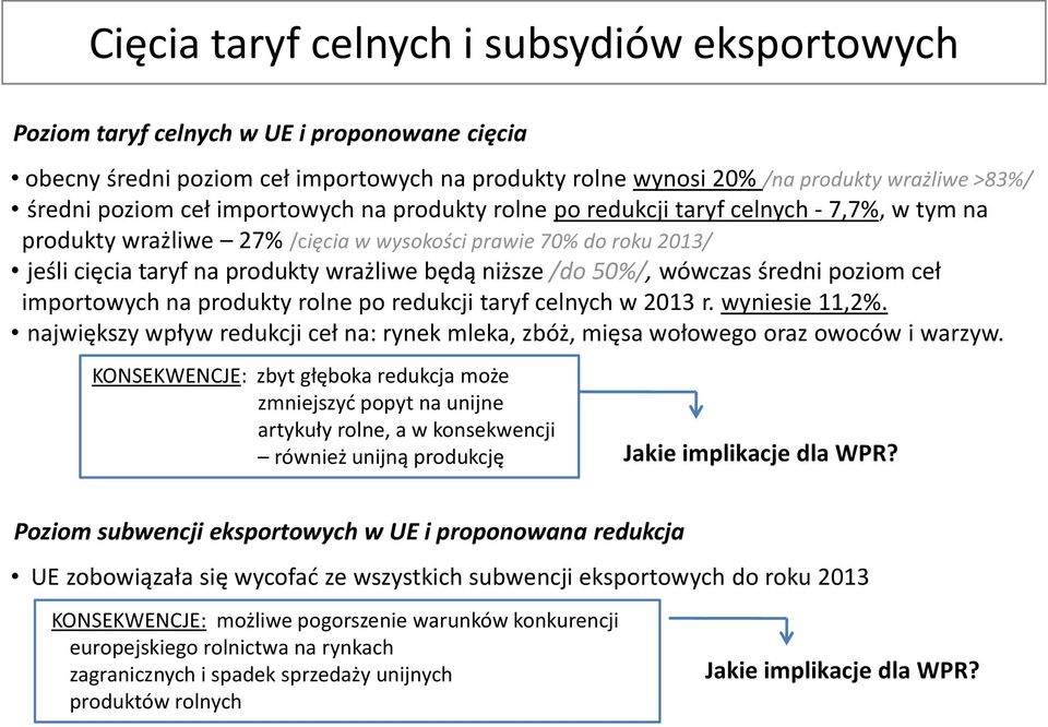 niższe /do 50%/, wówczas średni poziom ceł importowych na produkty rolne po redukcji taryf celnych w 2013 r. wyniesie 11,2%.