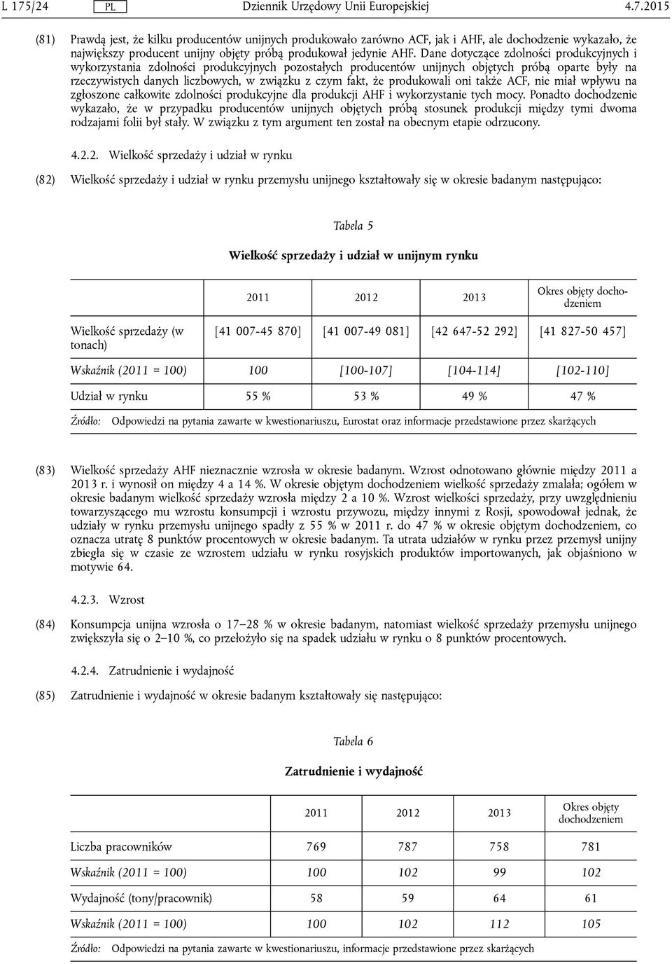 że produkowali oni także ACF, nie miał wpływu na zgłoszone całkowite zdolności produkcyjne dla produkcji AHF i wykorzystanie tych mocy.