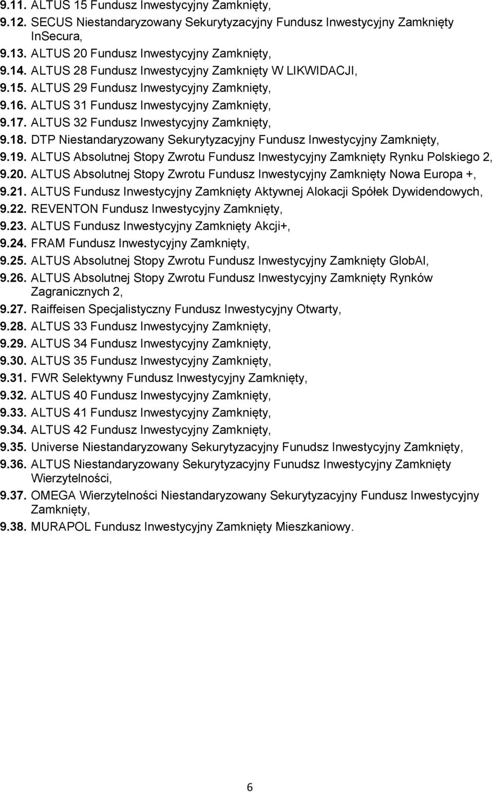 DTP Niestandaryzowany Sekurytyzacyjny Fundusz Inwestycyjny Zamknięty, 9.19. ALTUS Absolutnej Stopy Zwrotu Fundusz Inwestycyjny Zamknięty Rynku Polskiego 2, 9.20.