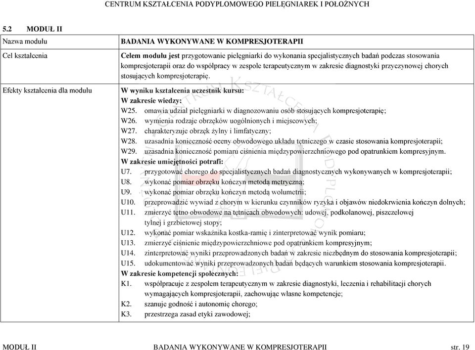 W wyniku kształcenia uczestnik kursu: W zakresie wiedzy: W25. omawia udział pielęgniarki w diagnozowaniu osób stosujących kompresjoterapię; W26.