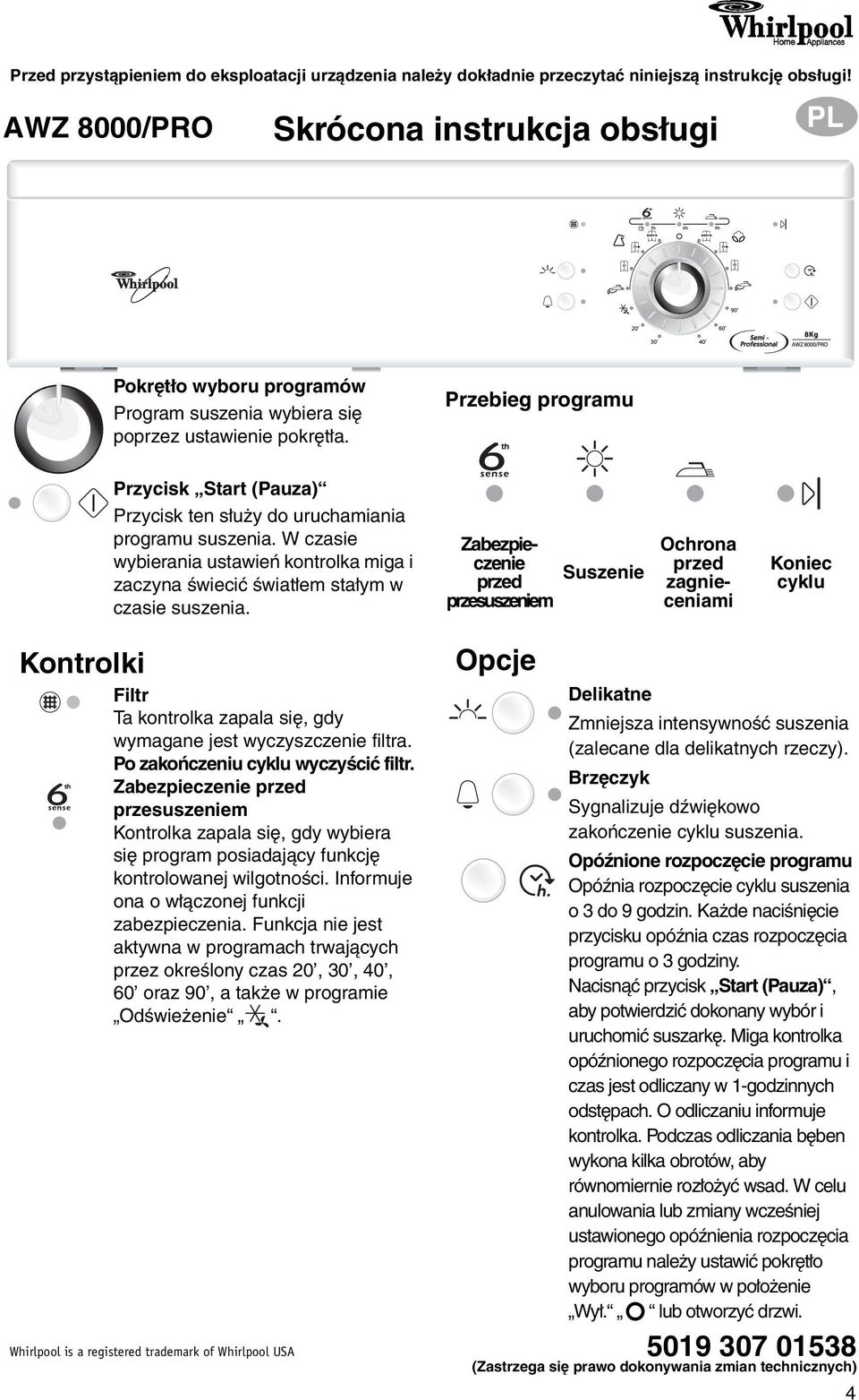 Przebieg programu Przycisk Start (Pauza) Przycisk ten służy do uruchamiania programu suszenia. W czasie wybierania ustawień kontrolka miga i zaczyna świecić światłem stałym w czasie suszenia.