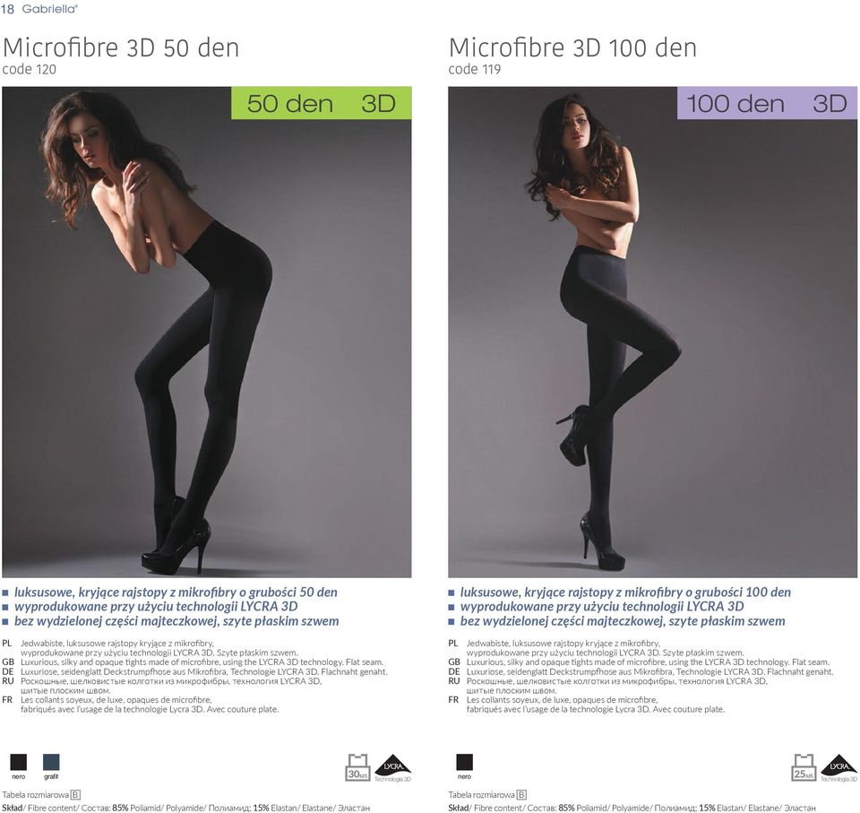 GB Luxurious, silky and opaque tights made of microfibre, using the LYCRA 3D technology. Flat seam. DE Luxuriose, seidenglatt Deckstrumpfhose aus Mikrofibra, Technologie LYCRA 3D. Flachnaht genaht.