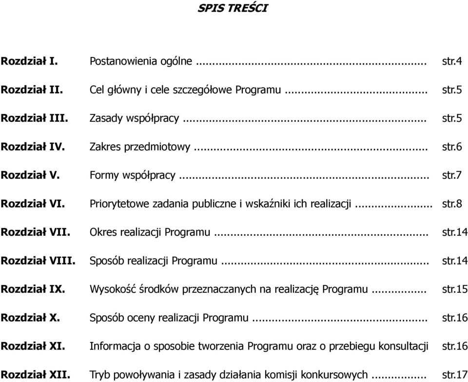 Sposób realizacji Programu... str.14 Rozdział IX. Wysokość środków przeznaczanych na realizację Programu... str.15 Rozdział X. Rozdział XI. Sposób oceny realizacji Programu... str.16 Informacja o sposobie tworzenia Programu oraz o przebiegu konsultacji str.