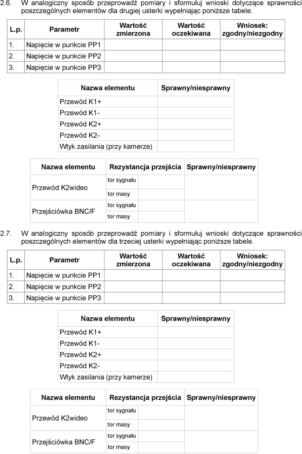 7. W analogiczny sposób przeprowadź pomiary i sformułuj wnioski dotyczące sprawności poszczególnych elementów dla trzeciej usterki