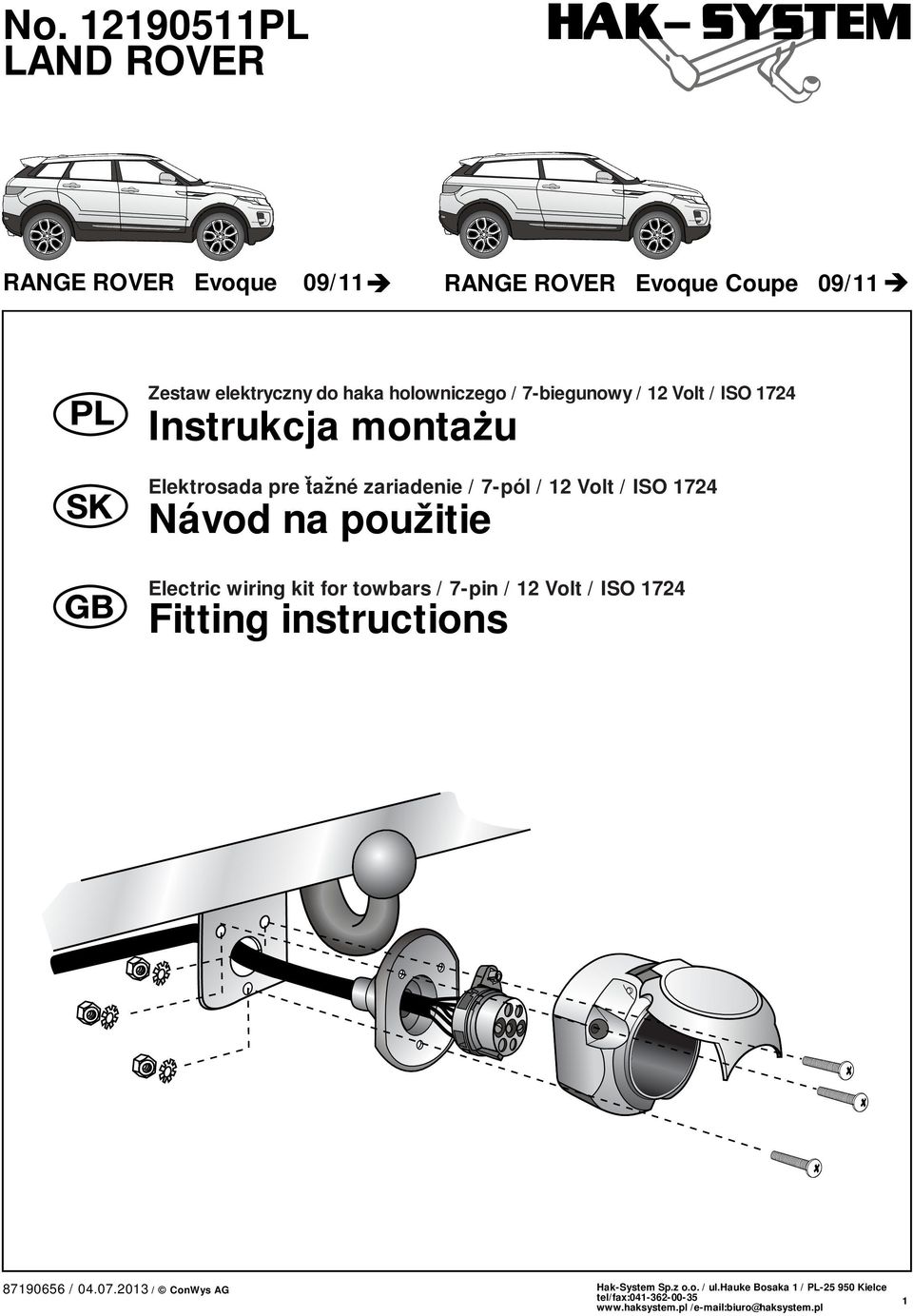 Instrukcja montazu Elektrosada pre tazné zariadenie / 7-pól / 12 Volt / ISO 1724