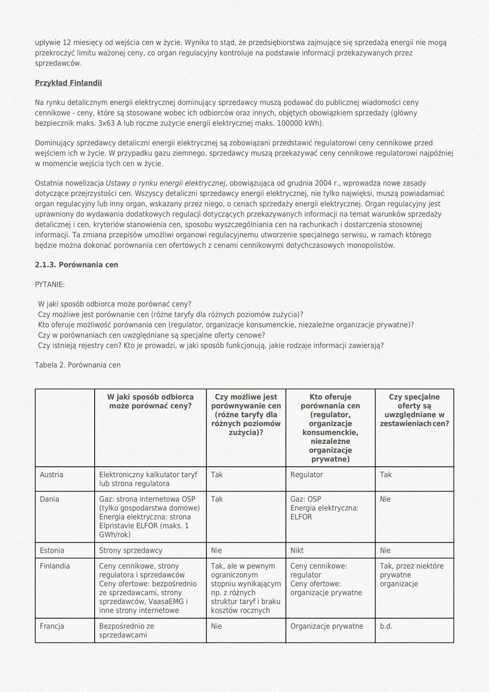 Przykład Finlandii Na rynku detalicznym energii elektrycznej dominujący sprzedawcy muszą podawać do publicznej wiadomości ceny cennikowe - ceny, które są stosowane wobec ich odbiorców oraz innych,