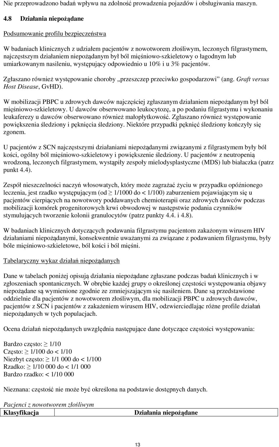 mięśniowo-szkieletowy o łagodnym lub umiarkowanym nasileniu, występujący odpowiednio u 10% i u 3% pacjentów. Zgłaszano również występowanie choroby przeszczep przeciwko gospodarzowi (ang.