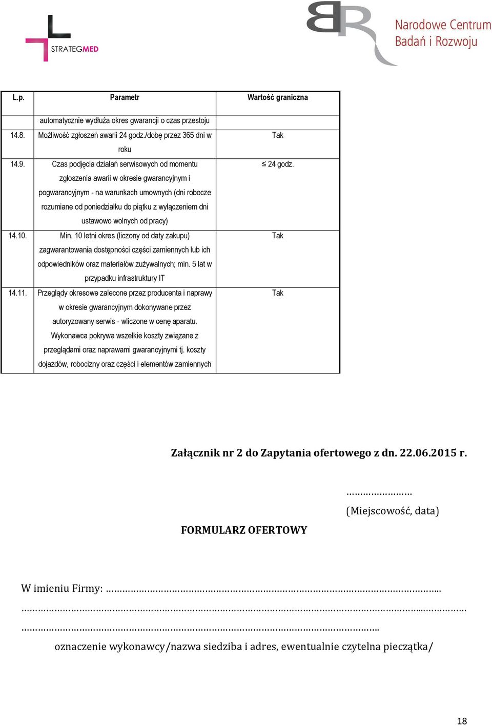 ustawowo wolnych od pracy) 14.10. Min. 10 letni okres (liczony od daty zakupu) zagwarantowania dostępności części zamiennych lub ich odpowiedników oraz materiałów zużywalnych; min.