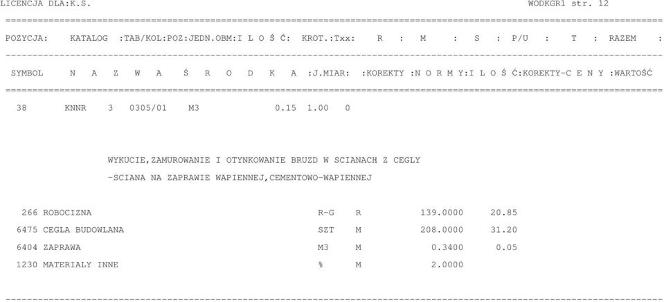 ZAPRAWIE WAPIENNEJ,CEMENTOWO-WAPIENNEJ 266 ROBOCIZNA R-G R 139.0000 20.