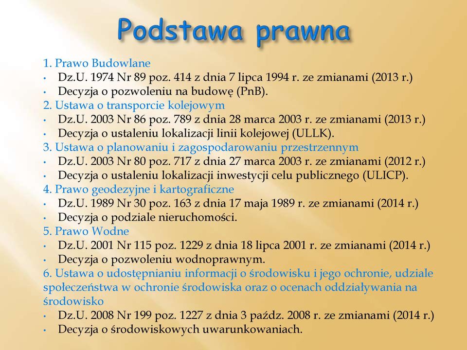 717 z dnia 27 marca 2003 r. ze zmianami (2012 r.) Decyzja o ustaleniu lokalizacji inwestycji celu publicznego (ULICP). 4. Prawo geodezyjne i kartograficzne Dz.U. 1989 Nr 30 poz.