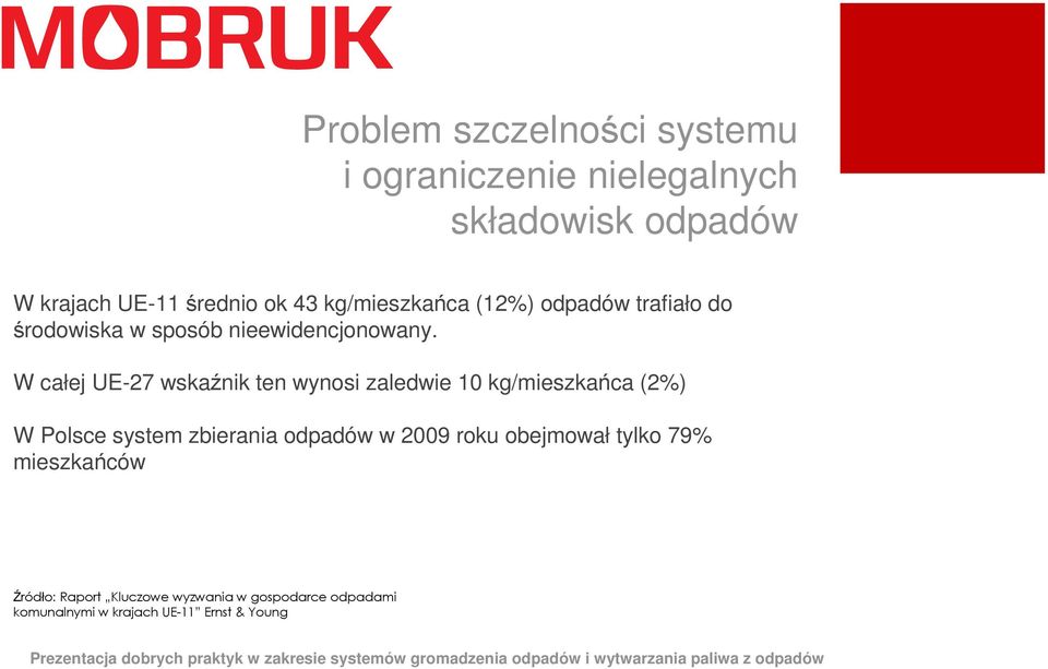 W całej UE-27 wskaźnik ten wynosi zaledwie 10 kg/mieszkańca (2%) W Polsce system zbierania odpadów w 2009