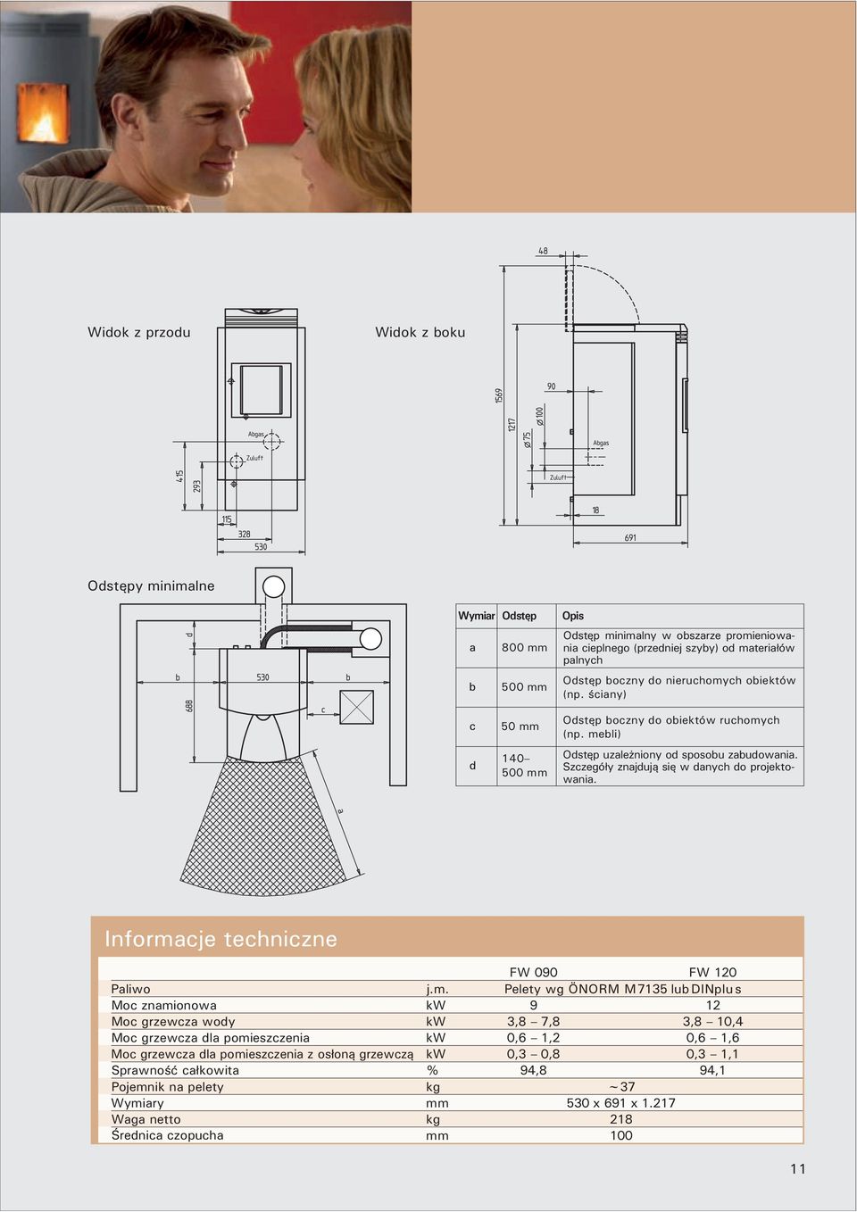 Informacje techniczne Paliwo Moc znamionowa Moc grzewcza wody Moc grzewcza dla pomieszczenia Moc grzewcza dla pomieszczenia z os³on¹ grzewcz¹ Sprawnoœæ ca³kowita Pojemnik na pelety Wymiary Waga