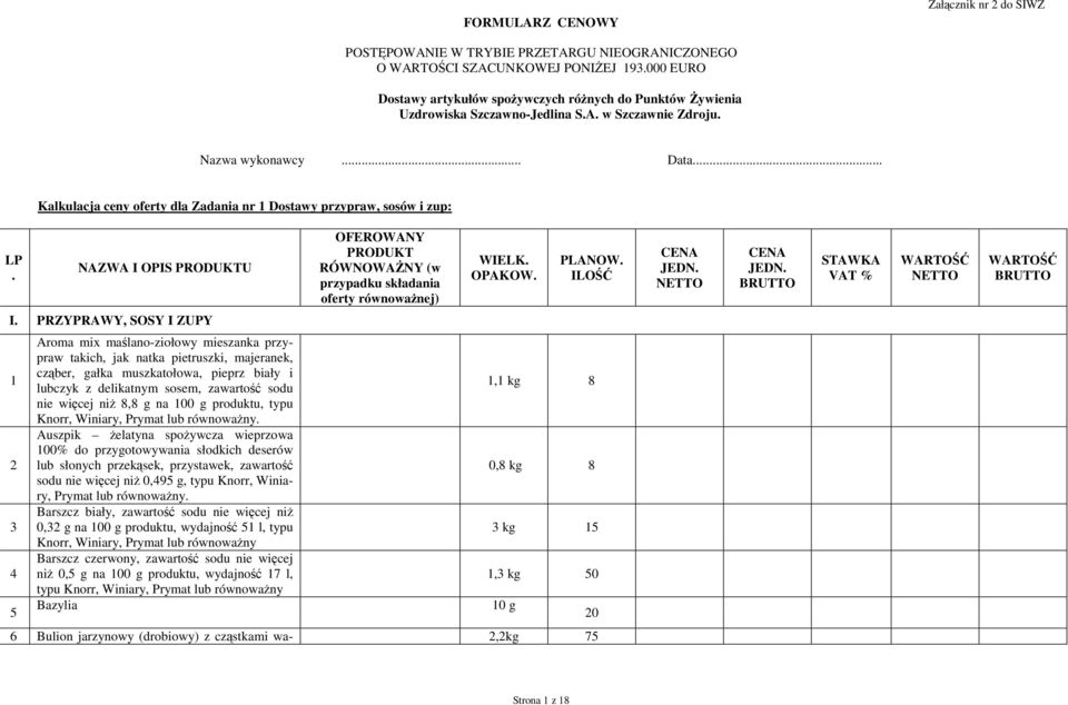 NAZWA I OPIS PRODUKTU OFEROWANY PRODUKT RÓWNOWAśNY (w przypadku składania oferty równowaŝnej) WIELK. OPAKOW. PLANOW. ILOŚĆ STAWKA VAT % I.