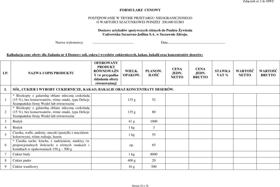 NAZWA I OPIS PRODUKTU OFEROWANY PRODUKT RÓWNOWAśN Y (w przypadku składania oferty równowaŝnej) WIELK. OPAKOW. PLANOW. ILOŚĆ STAWKA VAT % I.