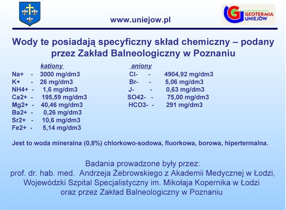 10,6 mg/dm3 Fe2+ - 5,14 mg/dm3 Jest to woda mineralna (0,8%) chlorkowo-sodowa, fluorkowa, borowa, hipertermalna. Badania prowadzone były przez: prof. dr. hab.