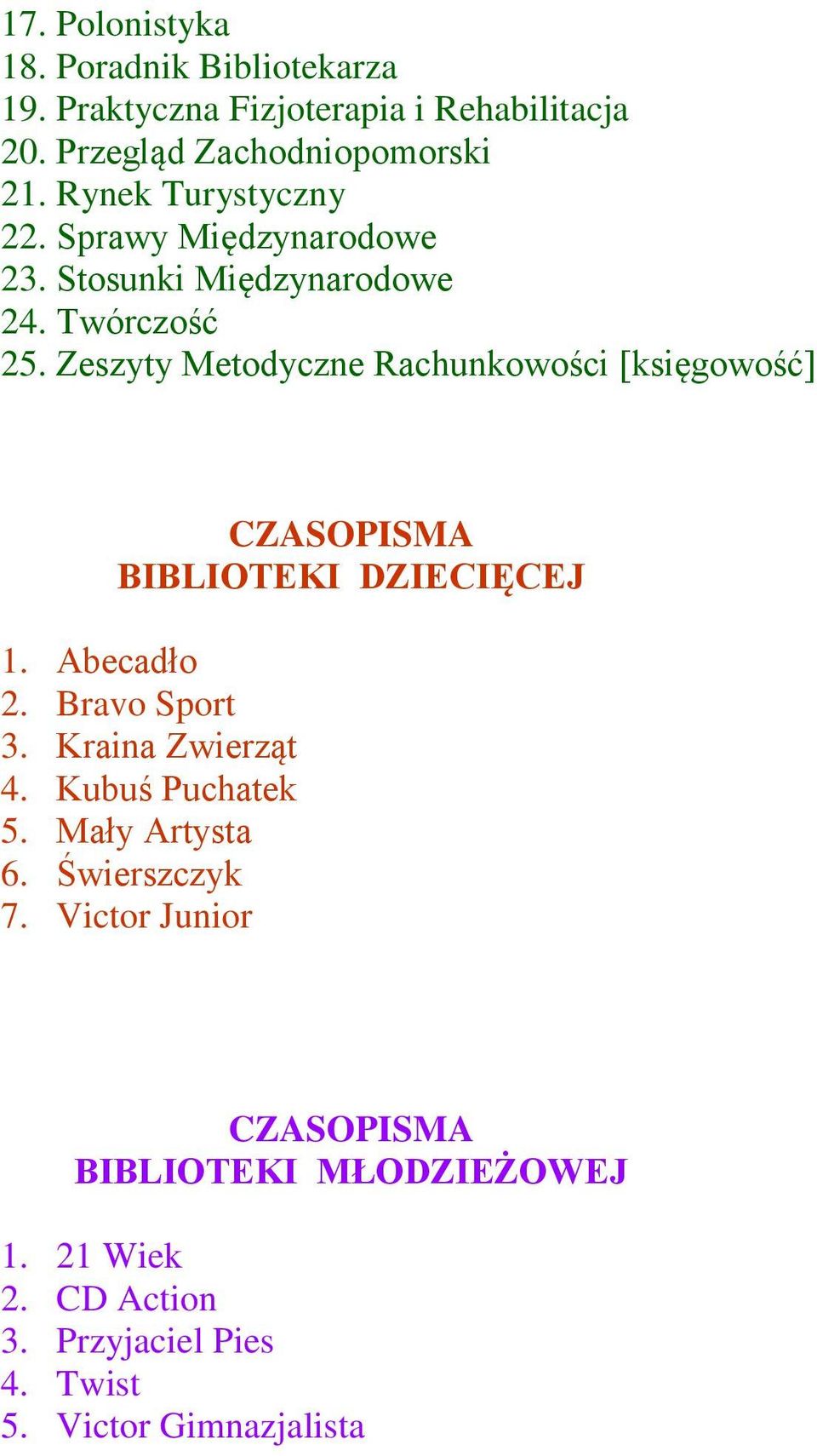 Zeszyty Metodyczne Rachunkowości [księgowość] CZASOPISMA BIBLIOTEKI DZIECIĘCEJ 1. Abecadło 2. Bravo Sport 3. Kraina Zwierząt 4.