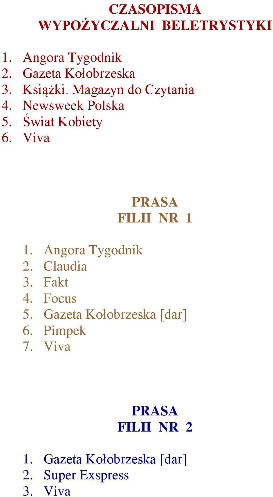 Viva PRASA FILII NR 1 1. Angora Tygodnik 2. Claudia 3. Fakt 4. Focus 5.