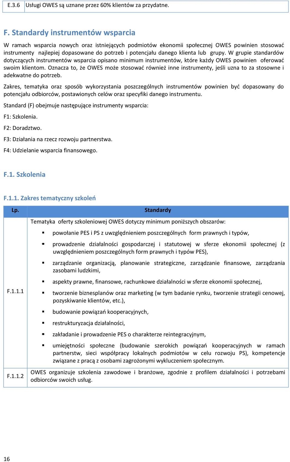 W grupie standardów dotyczących instrumentów wsparcia opisano minimum instrumentów, które każdy OWES powinien oferować swoim klientom.