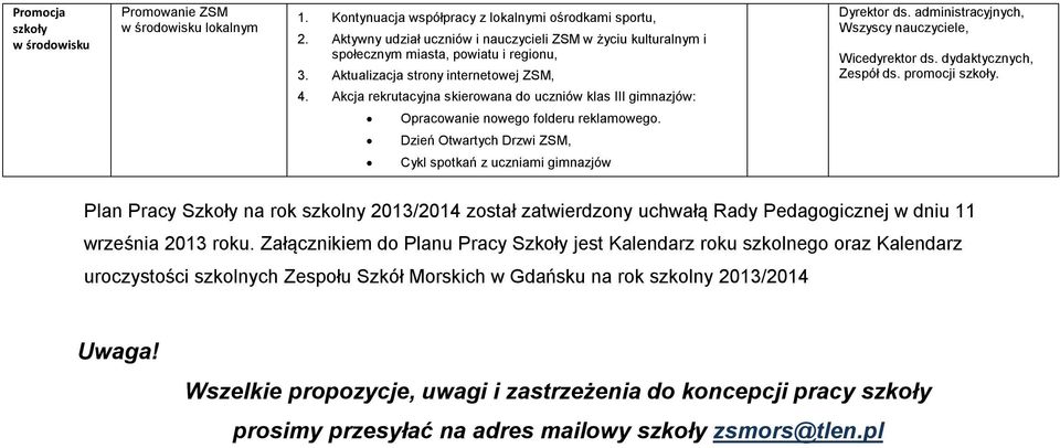 Akcja rekrutacyjna skierowana do uczniów klas III gimnazjów: Opracowanie nowego folderu reklamowego. Dzień Otwartych Drzwi ZSM, Cykl spotkań z uczniami gimnazjów Dyrektor ds.