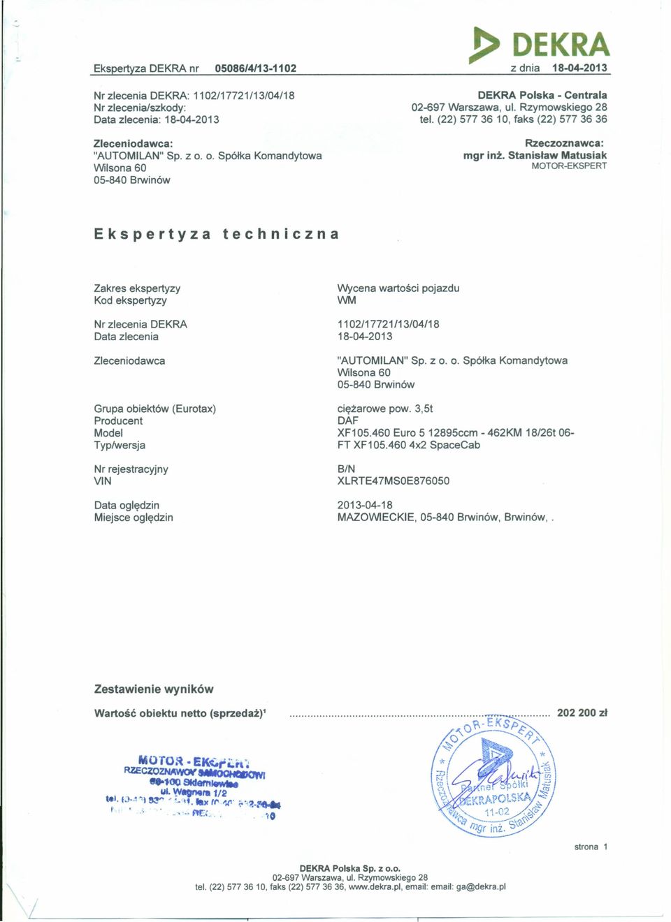 Stanisław Matusiak MOTOR-EKSPERT Ekspertyza techniczna Zakres ekspertyzy Kod ekspertyzy Nr zlecenia DEKRA Data zlecenia Wycena wartości pojazdu WM 1102/17721/13/04/18 18-04-2013 Zleceniodawca