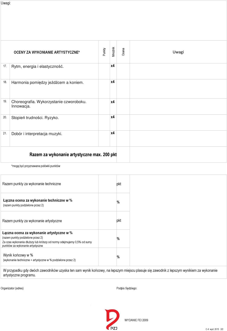 200 pkt *mogą być przyznawane połówki punktów Razem punkty za wykonanie techniczne pkt Łączna ocena za wykonanie techniczne w % (razem punkty podzielone przez 2) % Razem punkty za wykonanie